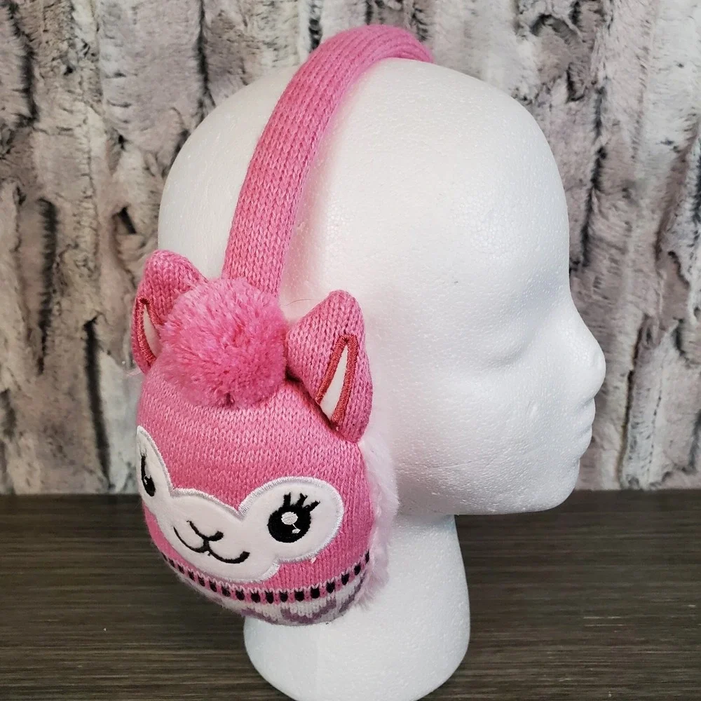 Pink Plush Llama Ear Muff Warmers OSFM Adjustable Knit Winter Accessory